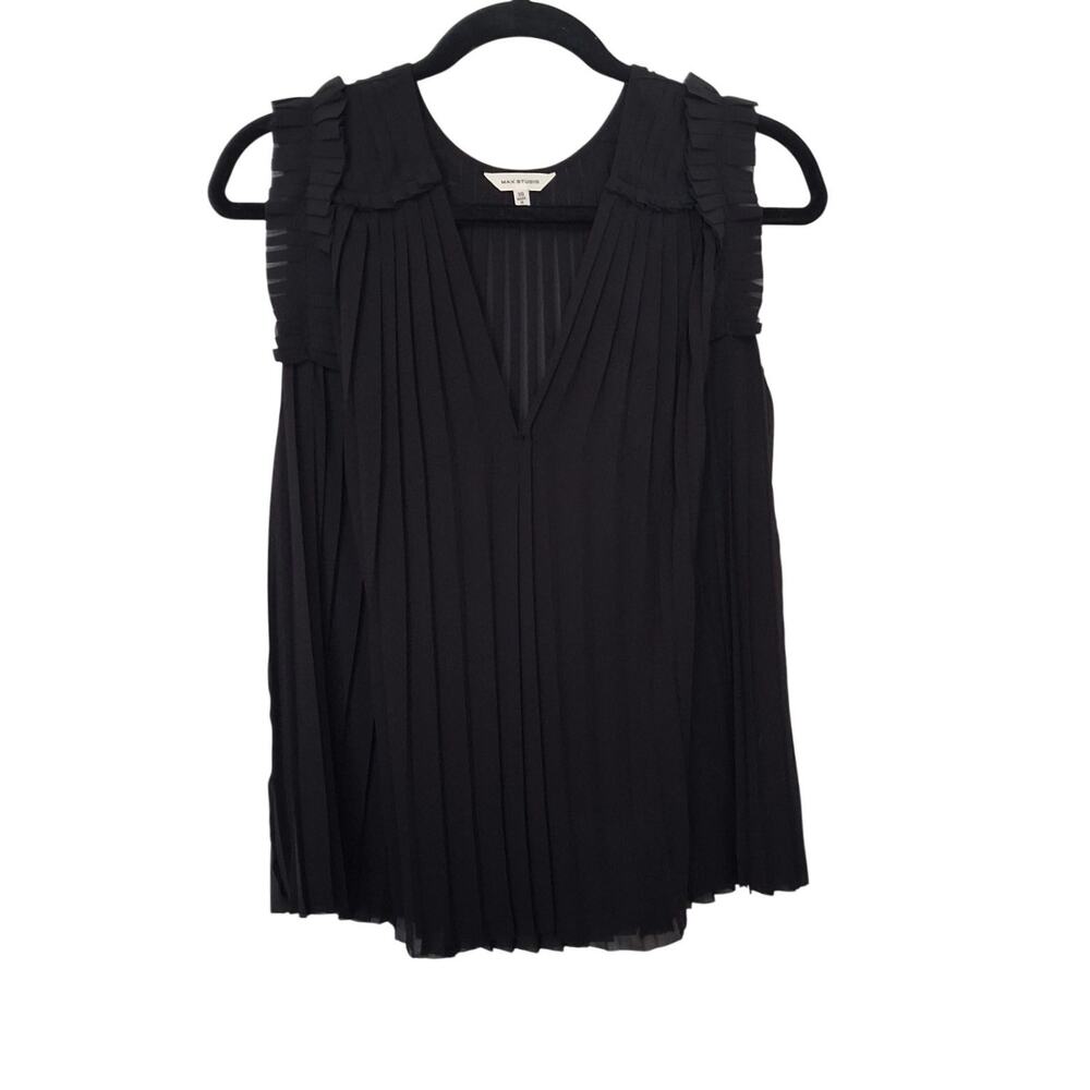 Max Studio Black Pleated Ruffle Cutout Shoulder Blouse Women's XS